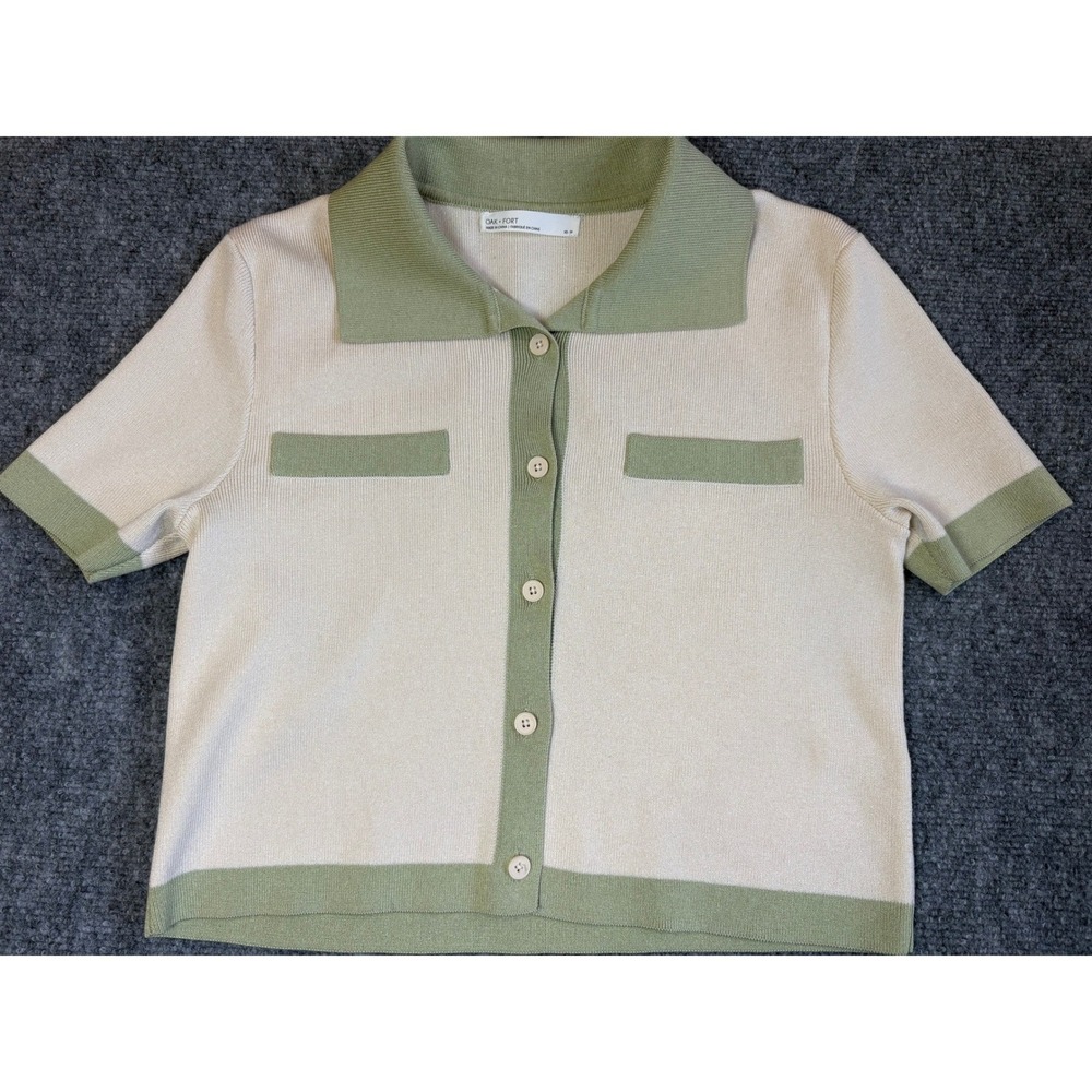 Oak + Fort Cream Sage Green Knit Button Front Short Sleeve Cardigan XS SW-9923-W